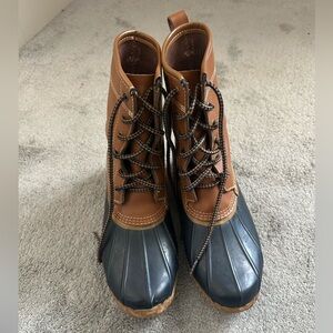 Lands End Duck Boots Size 7 Women’s Waterproof Lace-Up Tan/Blue Rain Boots